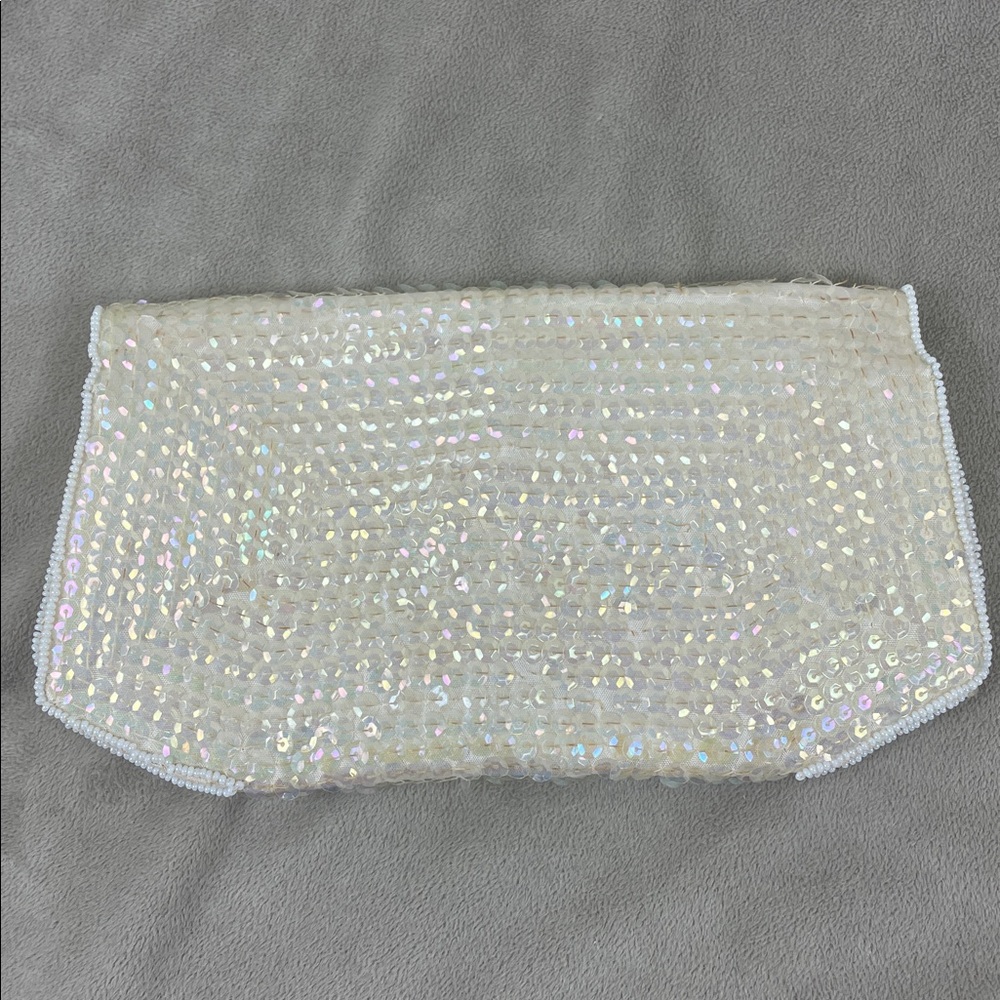 La Regale Vintage Japanese Clutch Cream Sequin White Beaded - Picture 5 of 10